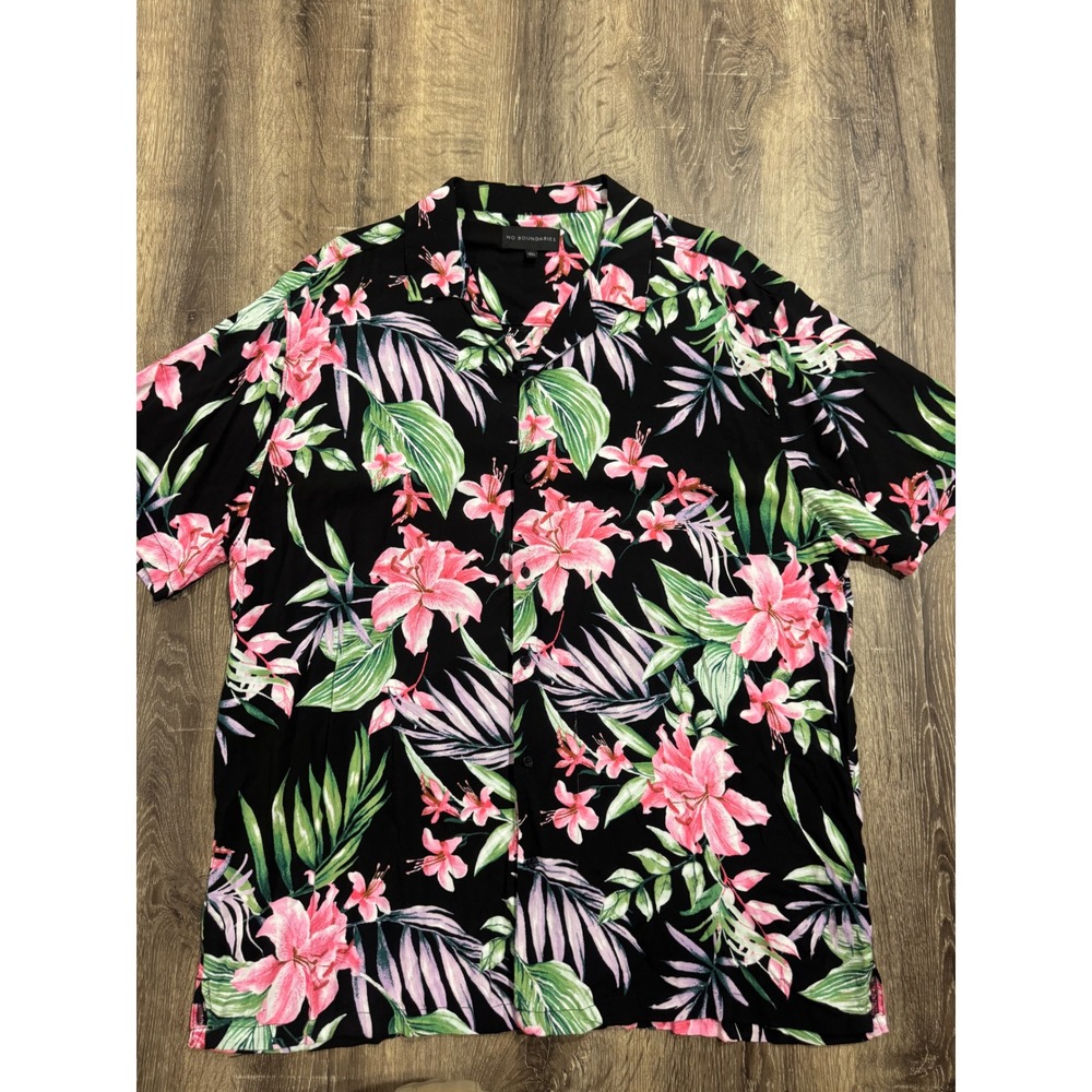 No Boundaries Mens 2XL Tropical Floral Button Down Shirt Black Pink‎ Lily Camp